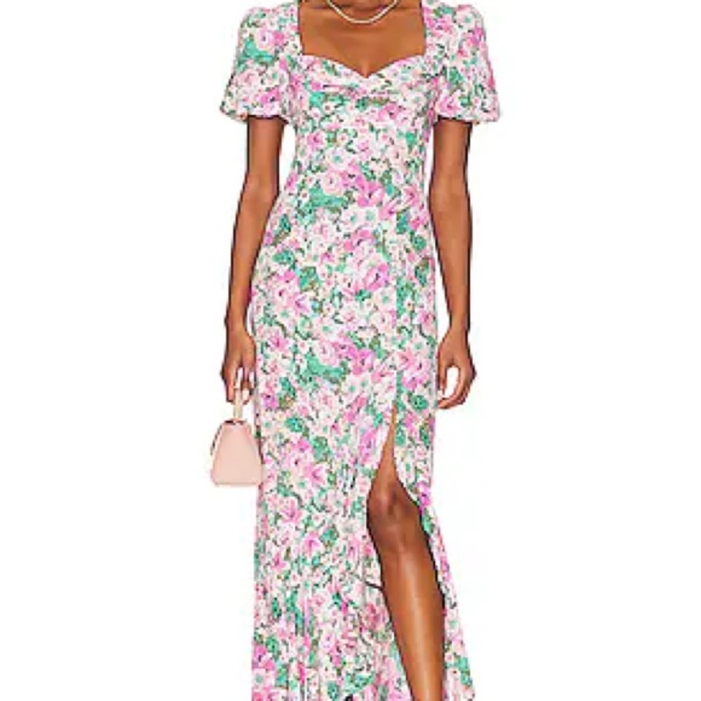 Astr Pink and Green Maxi Dress with Puff Sleeves